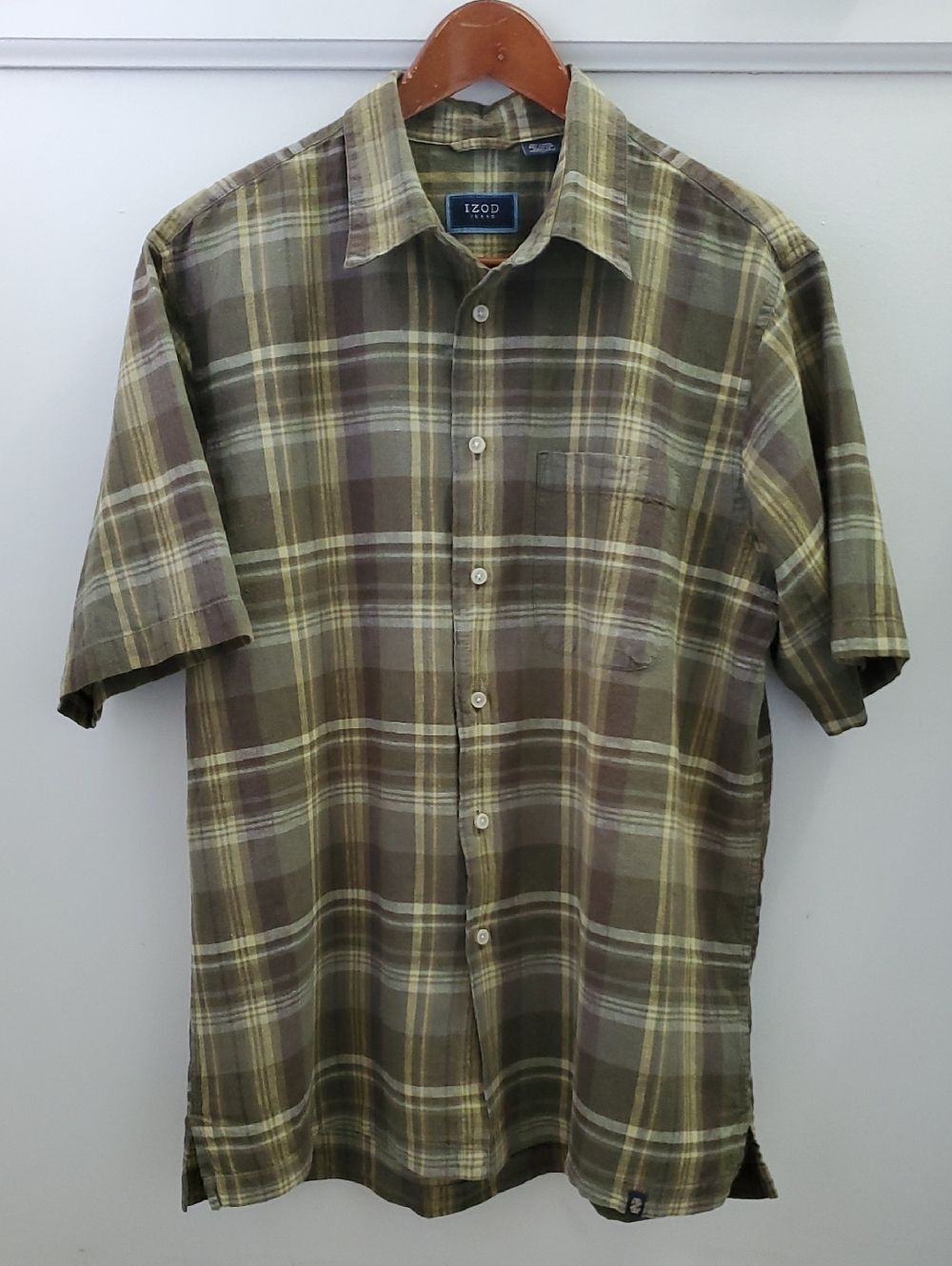 Vintage Izod Jeans Linen Blend Short Sleeve Button Up Size Large Green & Yellow